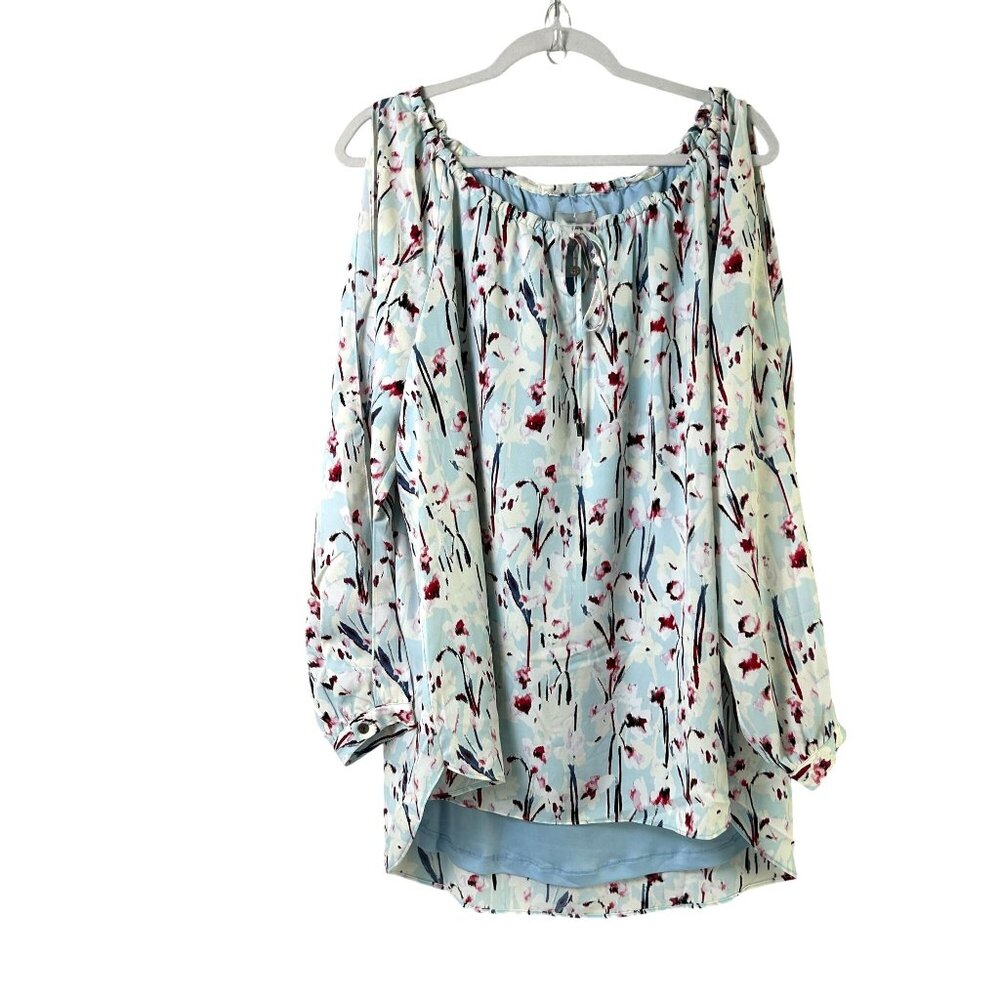 Haute Hippie Tribe Top Size 1X Blue Floral Keyhole Balloon Sleeves Hi Low NWOT‎